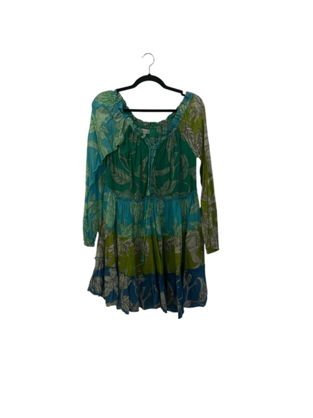 Velzera Green Floral Tie-Front Long Sleeve Tropical 🏝️ Leaf Print Cotton Dress M